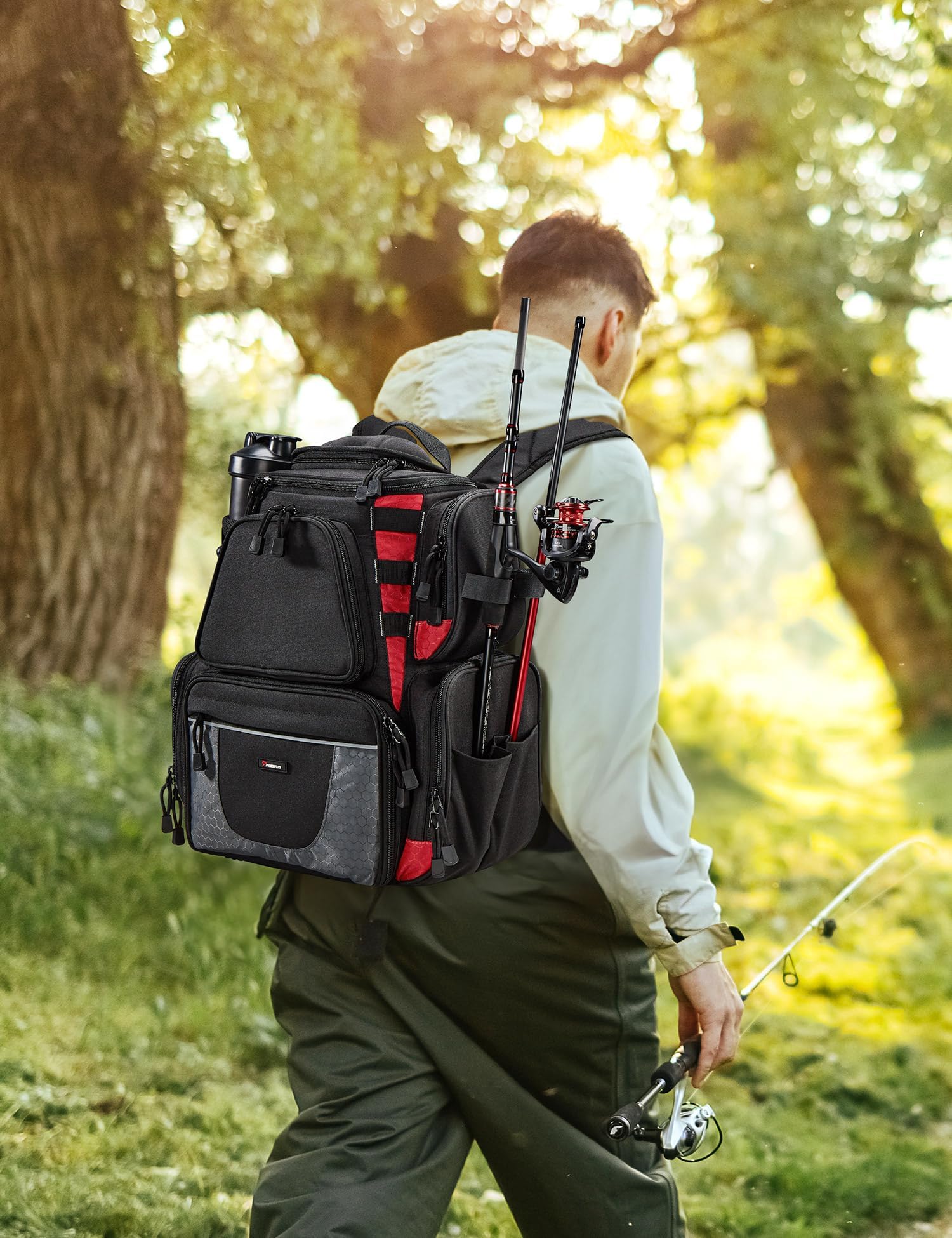 Piscifun fishing backpack side view highlights spacious compartments for easy access.