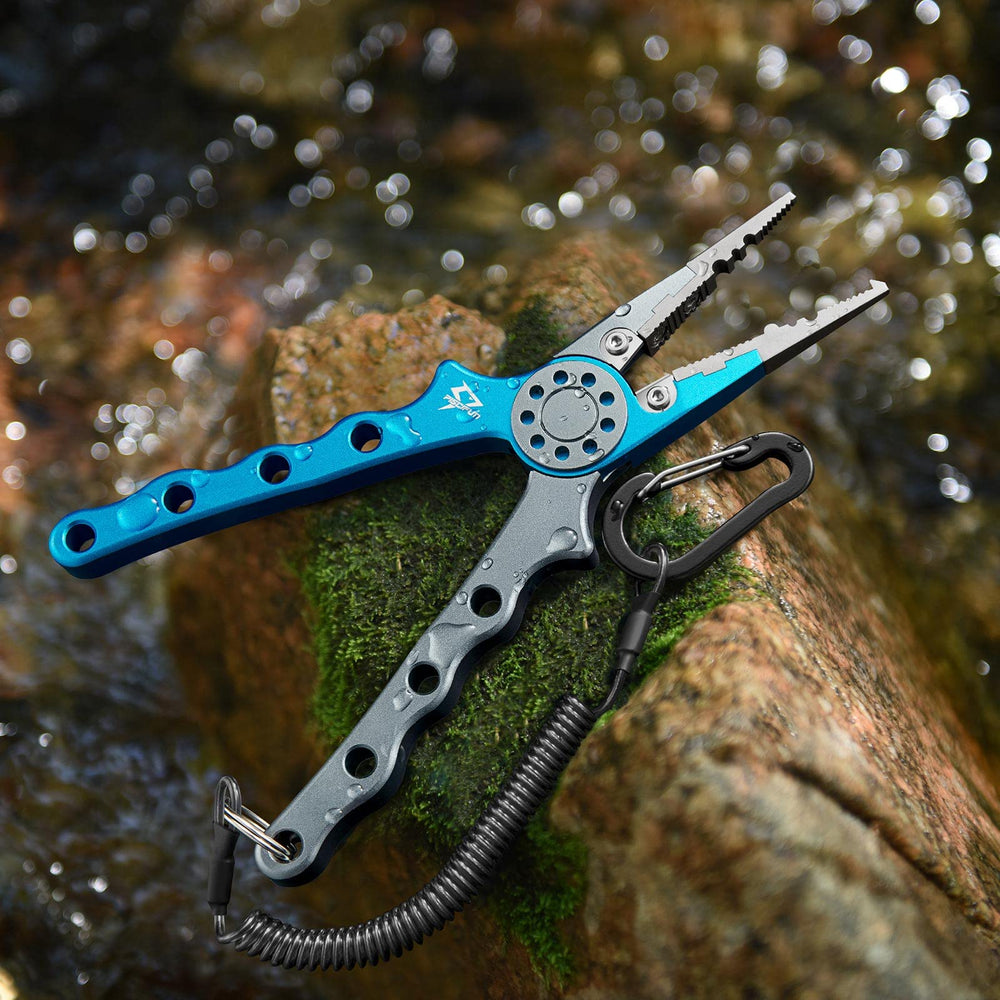 Blue Piscifun pliers in a tackle box