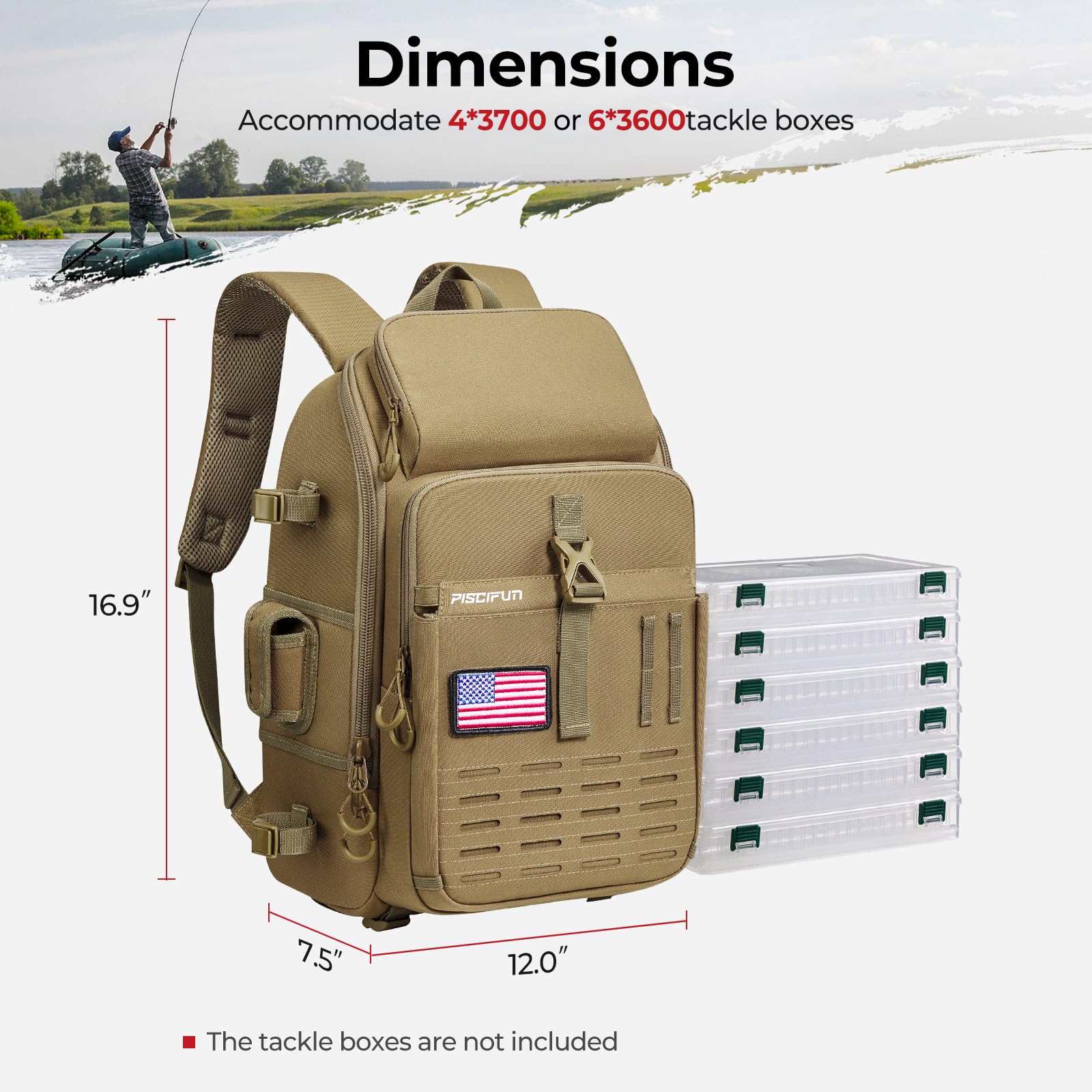 Piscifun fishing tackle backpack 20L capacity fits gear and essentials.