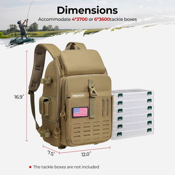 Piscifun fishing tackle backpack 20L capacity fits gear and essentials.