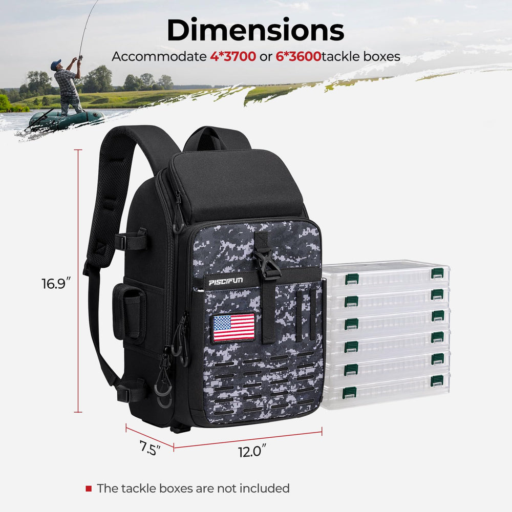 Piscifun fishing tackle backpack breathable back system reduces fatigue on long trips.