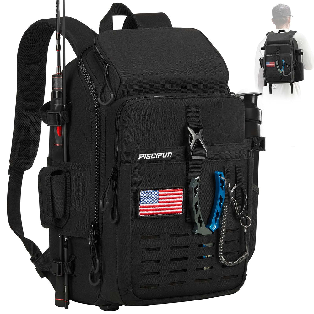 Piscifun fishing tackle backpack front view with rod holder and accessible compartments.