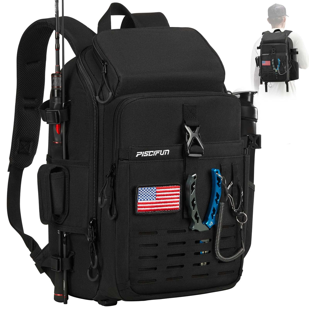 Piscifun fishing tackle backpack front view with rod holder and accessible compartments.