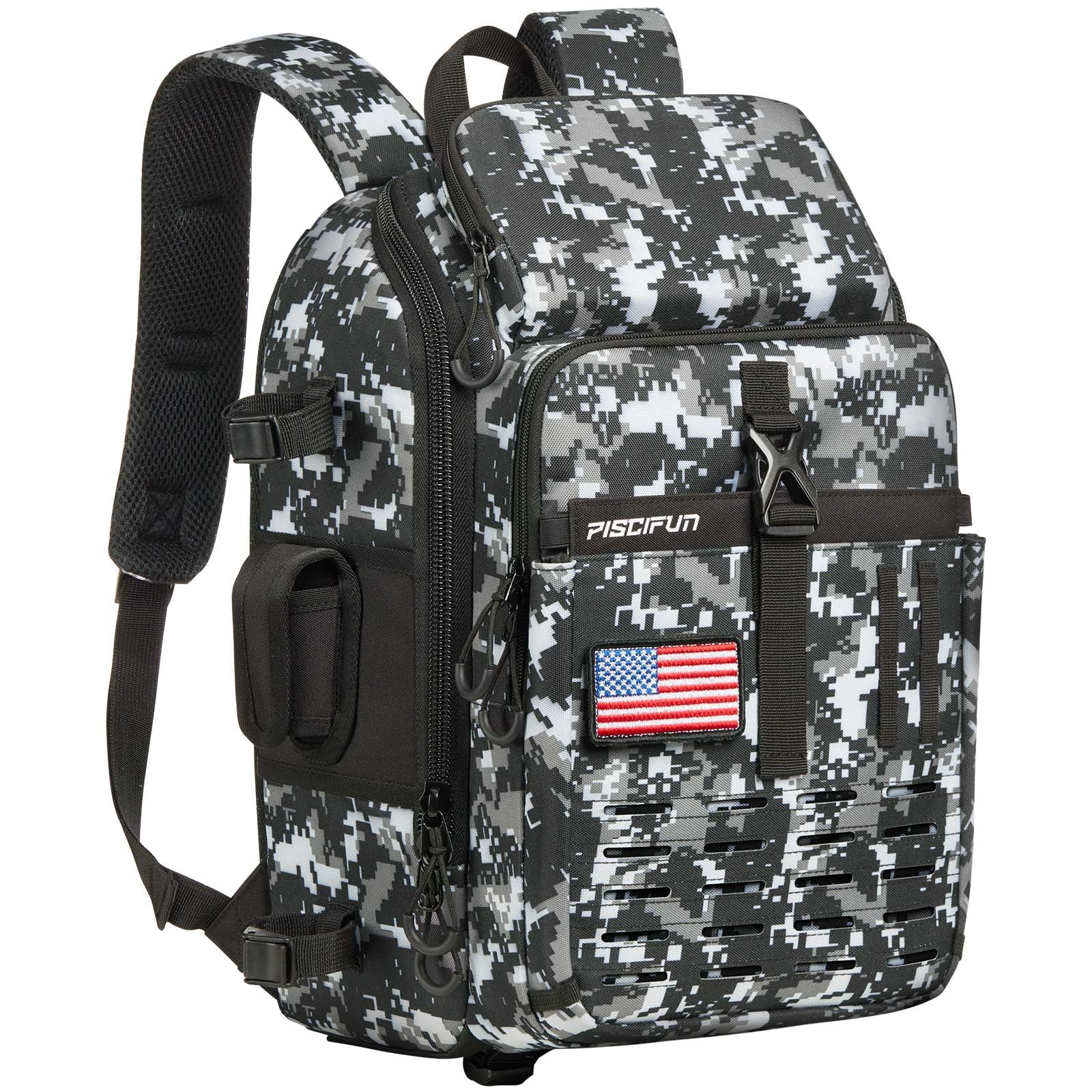 Piscifun fishing tackle backpack front view with accessible gear compartments for quick on-water access.
