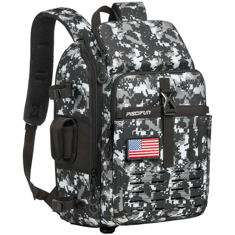 Piscifun fishing tackle backpack front view with accessible gear compartments for quick on-water access.