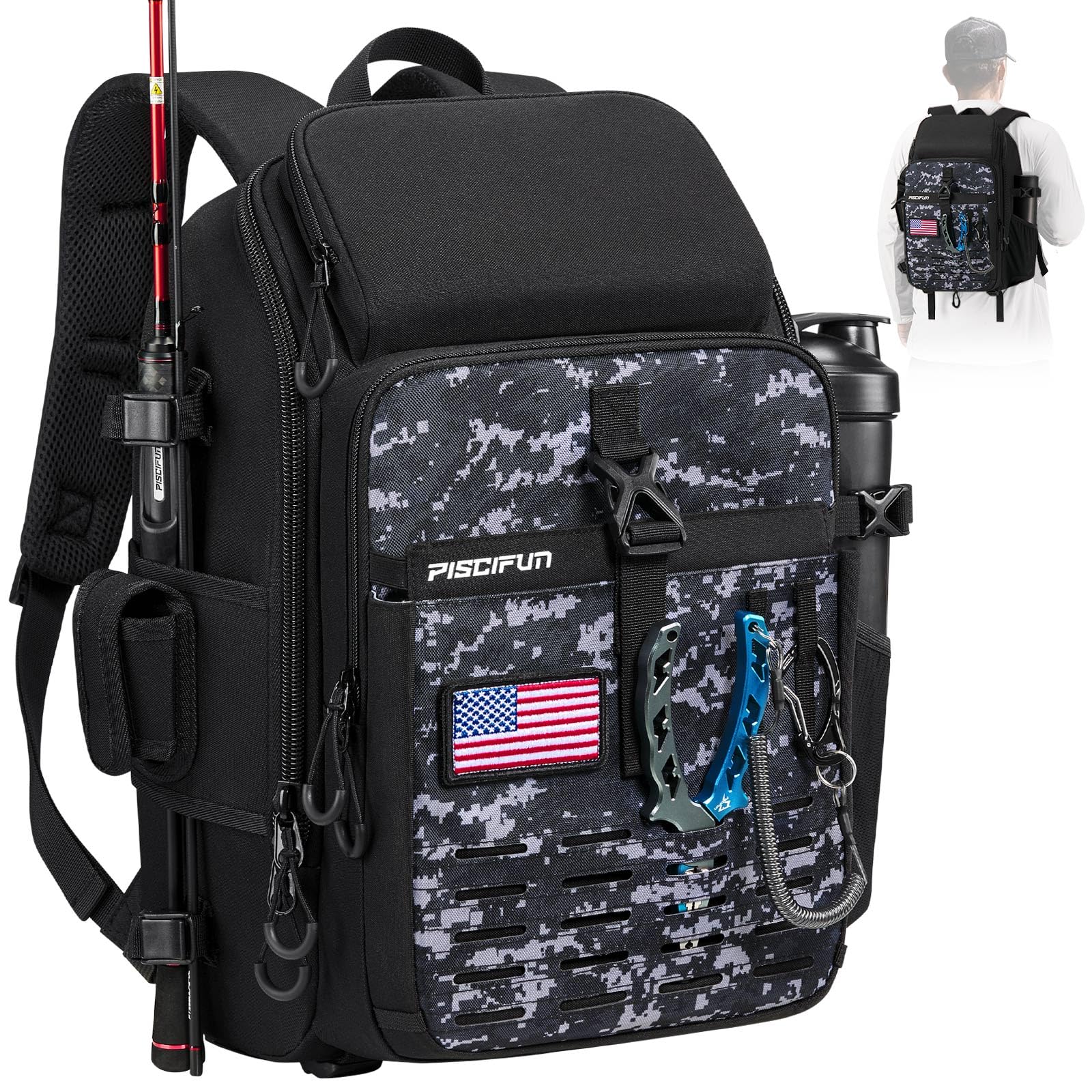 Piscifun fishing tackle backpack front view shows organized storage and quick access.