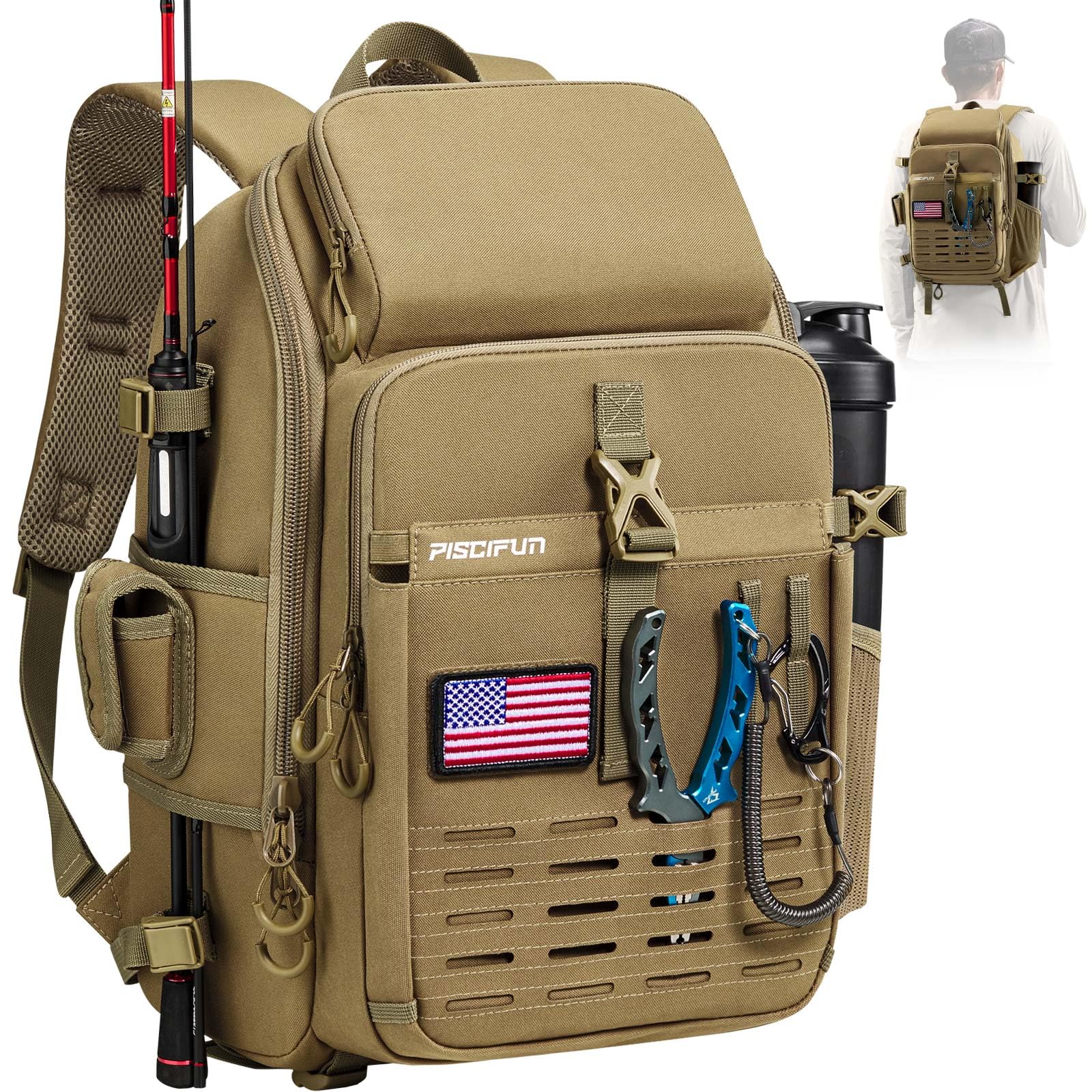 Piscifun fishing tackle backpack main compartment for organized gear access.