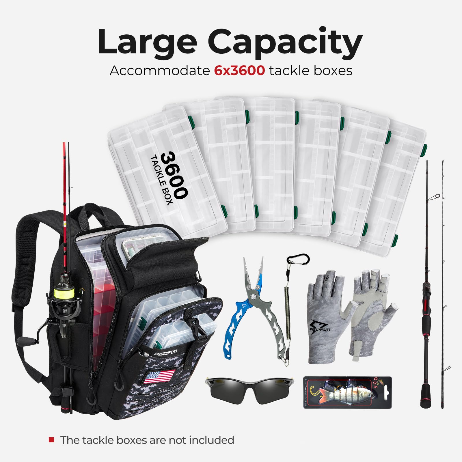 Piscifun fishing tackle backpack MOLLE panel for adding tools and accessories.