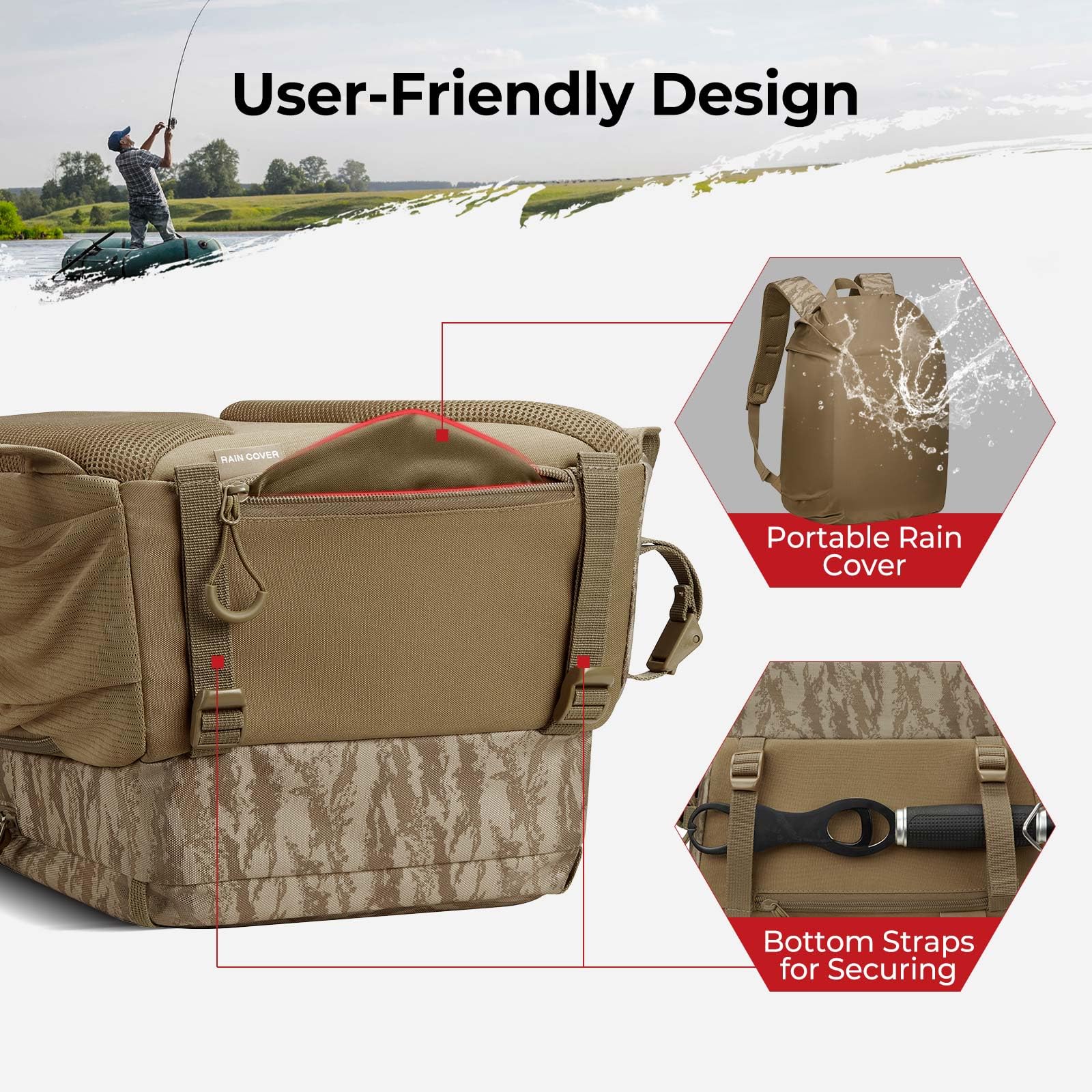 Piscifun fishing tackle backpack MOLLE panel, convenient tool storage at a glance.