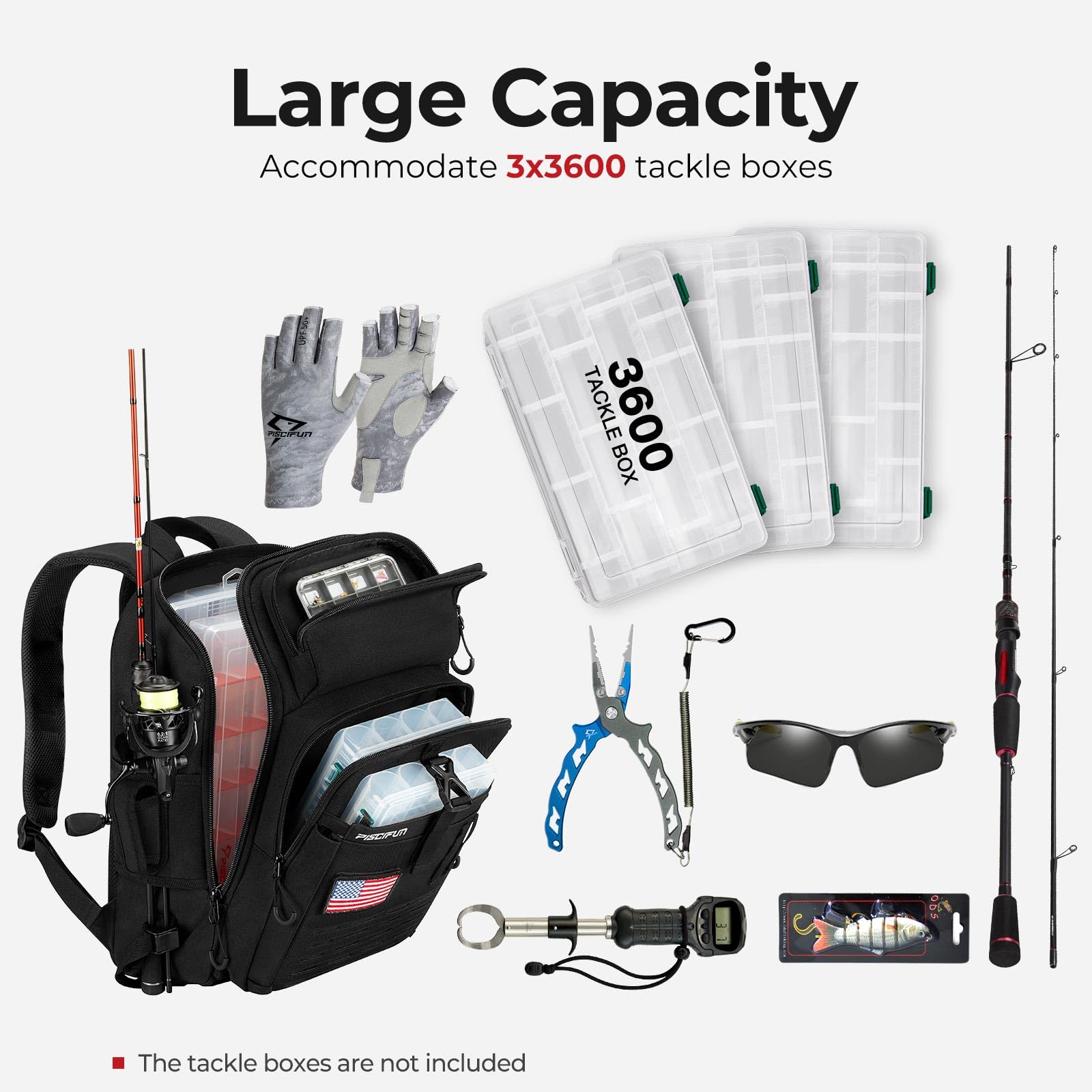 Piscifun MOLLE panel adds expandable tool storage for accessories.