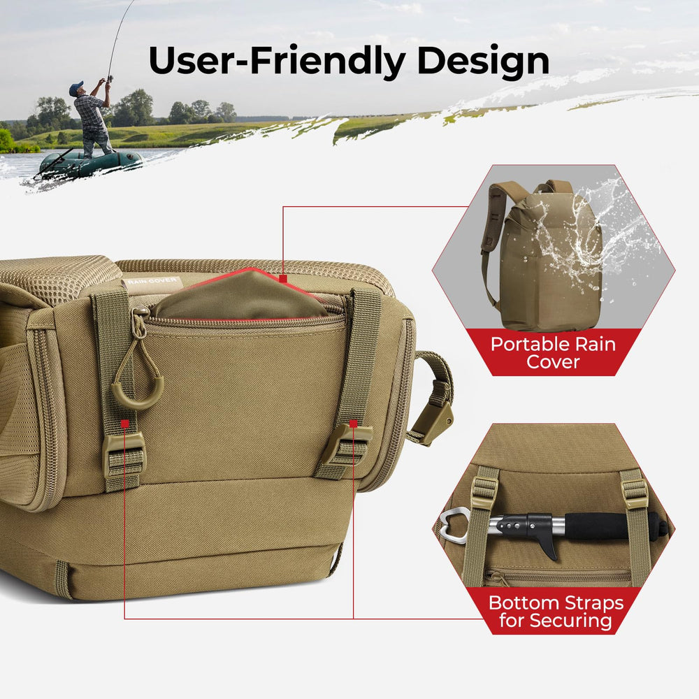 Piscifun fishing tackle backpack rain cover protects gear in wet conditions.