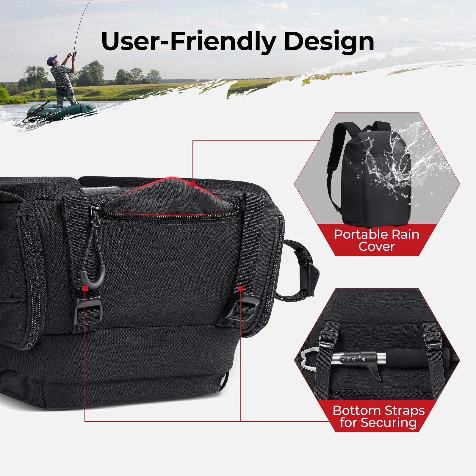 Piscifun fishing tackle backpack rain cover attached protects gear in wet weather.