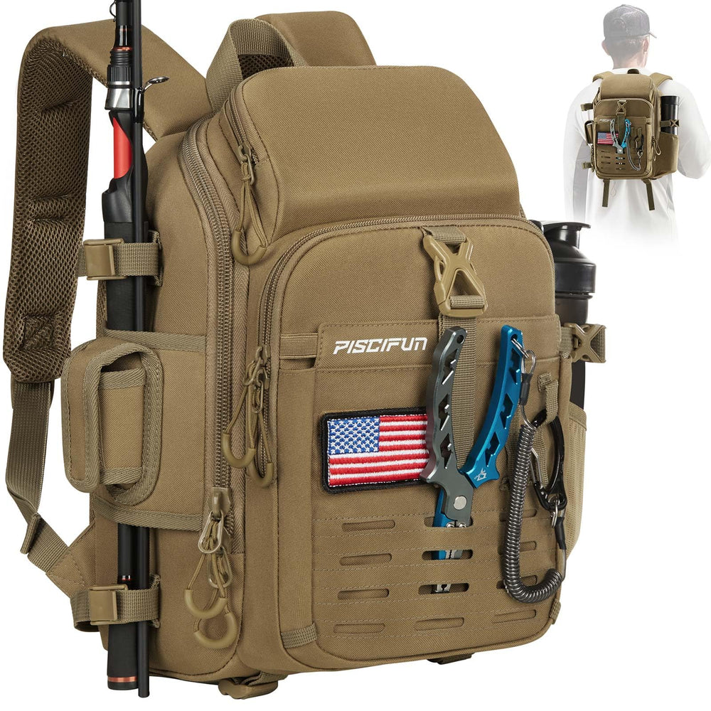 Piscifun fishing tackle backpack with rain cover protects gear in wet weather