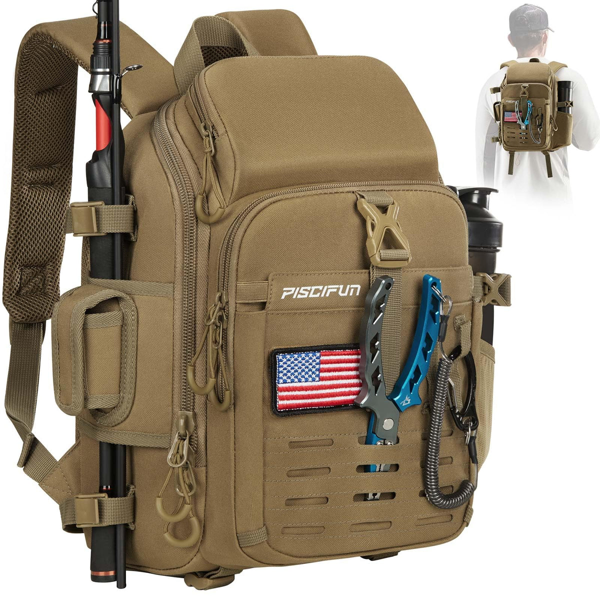 Piscifun fishing tackle backpack with rain cover protects gear in wet weather