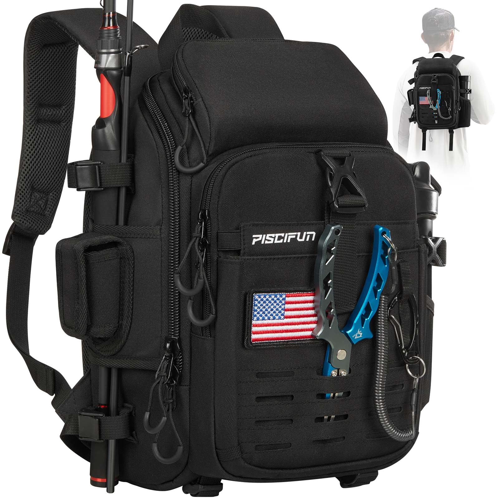 Piscifun fishing tackle backpack with rod holder keeps gear organized on trips.