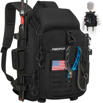 Piscifun fishing tackle backpack with rod holder keeps gear organized on trips.