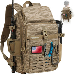 Piscifun fishing tackle backpack with rod holder, ergonomic back padding for all-day comfort.
