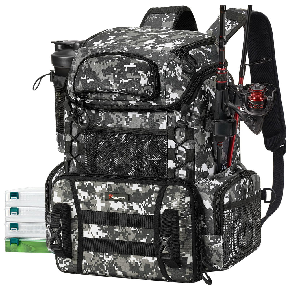 Piscifun fishing tackle backpack with rod holders in camouflage