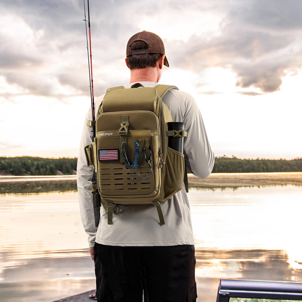 Piscifun fishing tackle backpack rod holders keep rods secure during travel.