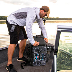 Piscifun fishing tackle backpack side view with rod holder for secure transport.