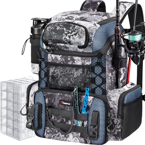 Piscifun fishing tackle backpack in camouflage with water-resistant shell for outdoor use
