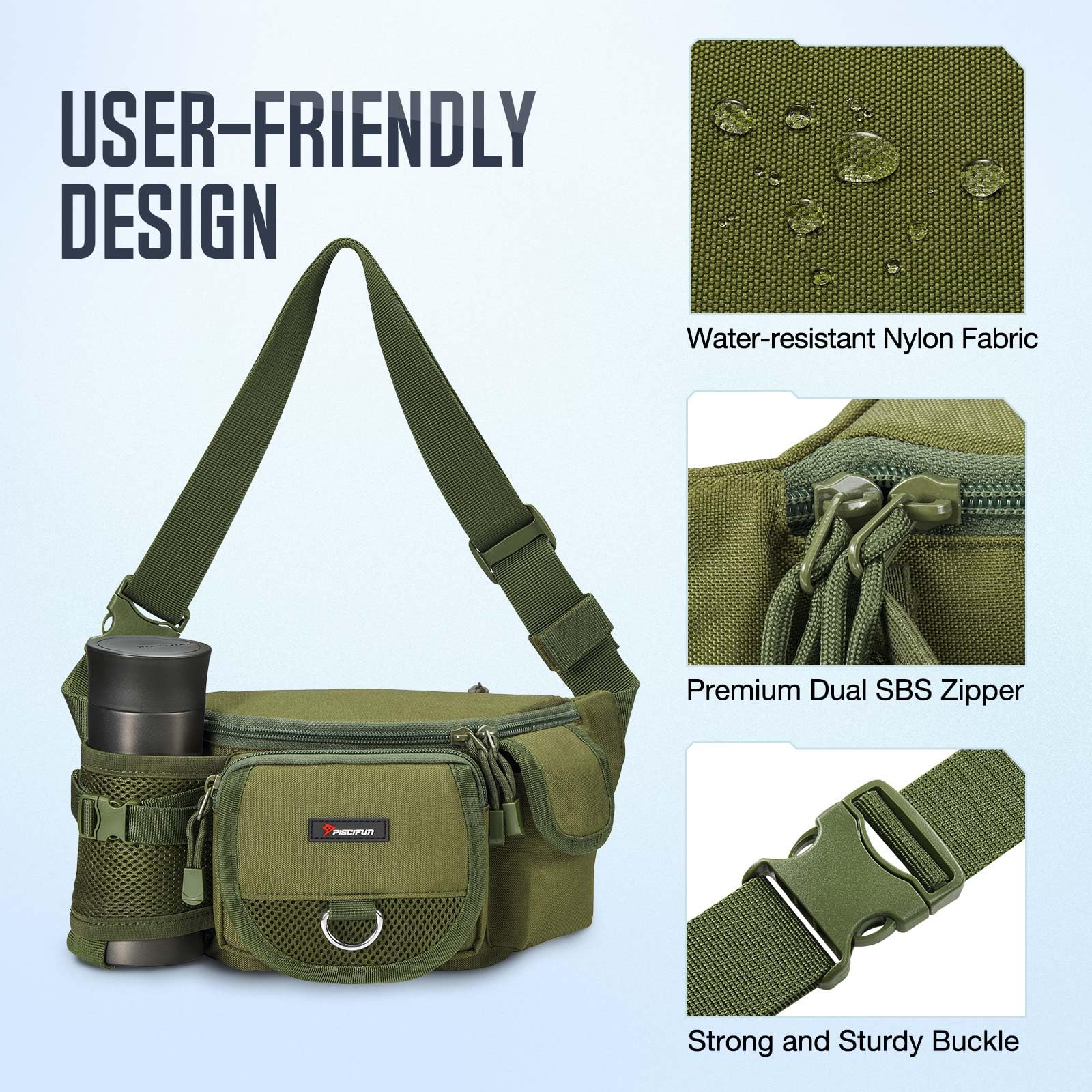 Exterior pocket layout with zippered, mesh and velcro pockets
