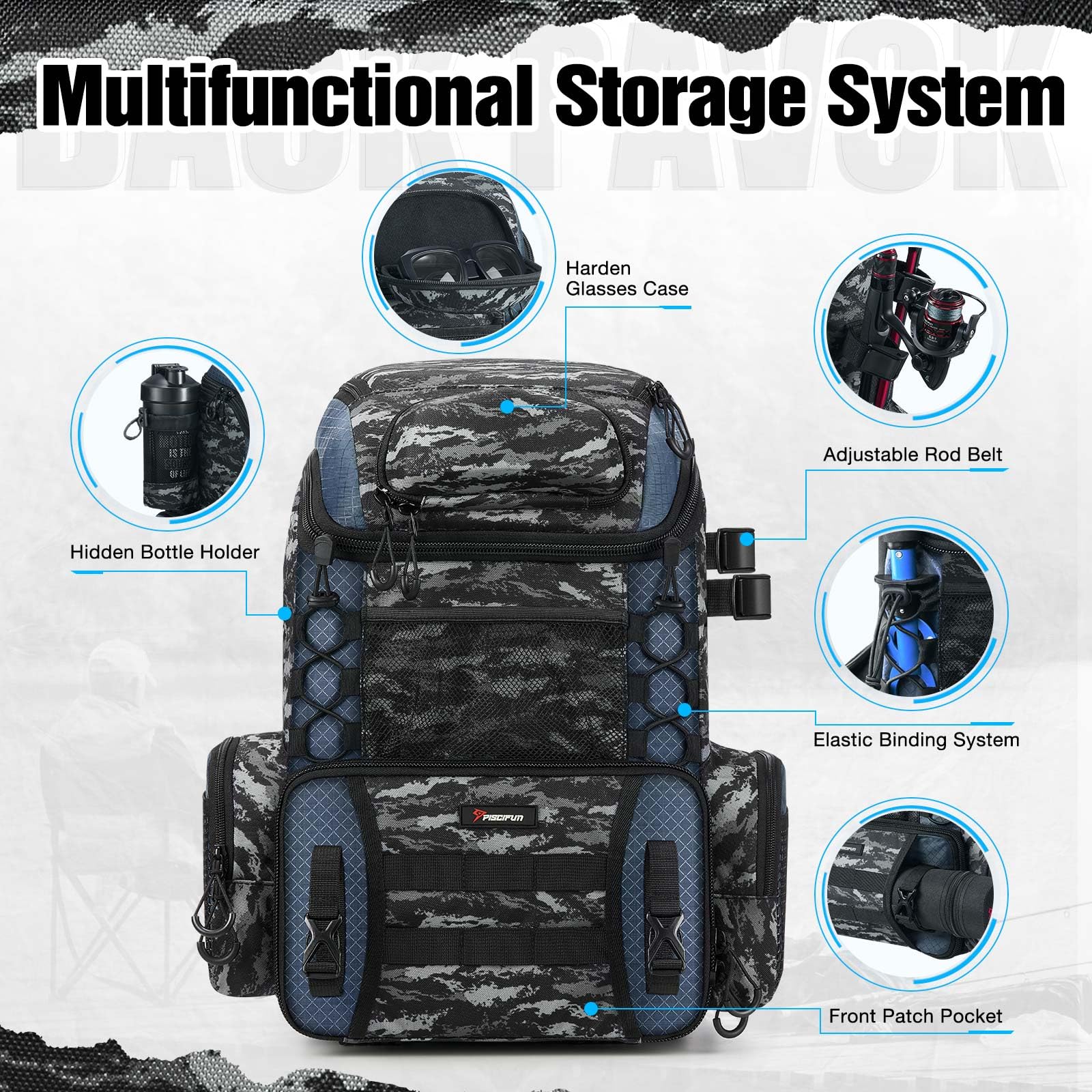 Piscifun Hatchback Backpack side pocket provides quick access to pliers, keys, or snacks.