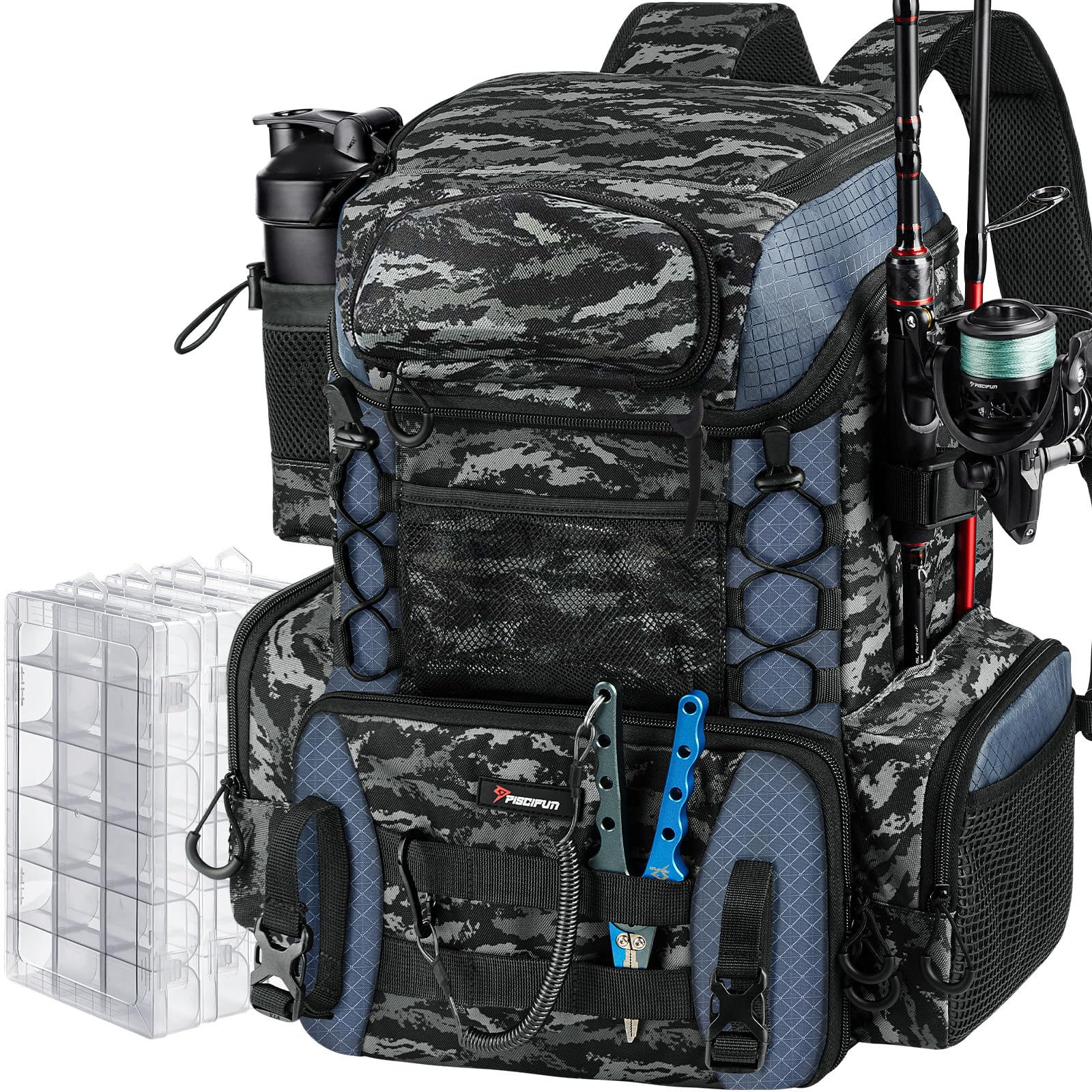 Piscifun Hatchback Backpack waterproof rain cover highlights weather-ready protection for fishing days.