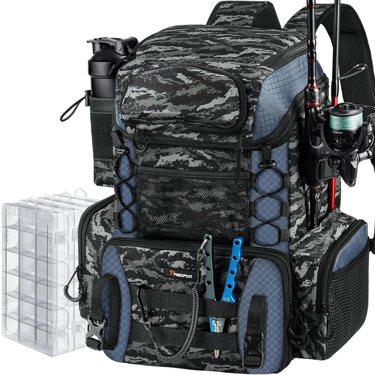 Piscifun Hatchback Backpack waterproof rain cover highlights weather-ready protection for fishing days.