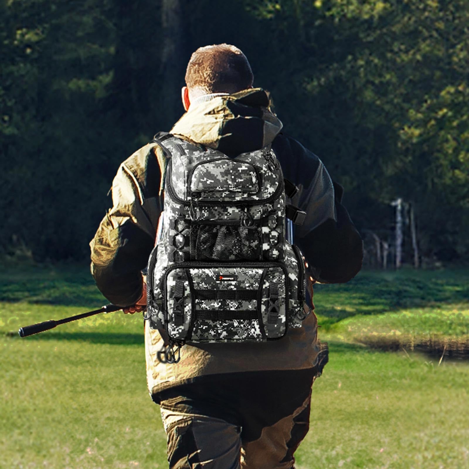 Piscifun Hatchback camouflage rain cover protects gear in wet conditions.
