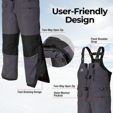 Piscifun ice fishing bibs highlight reflective strips for visibility.