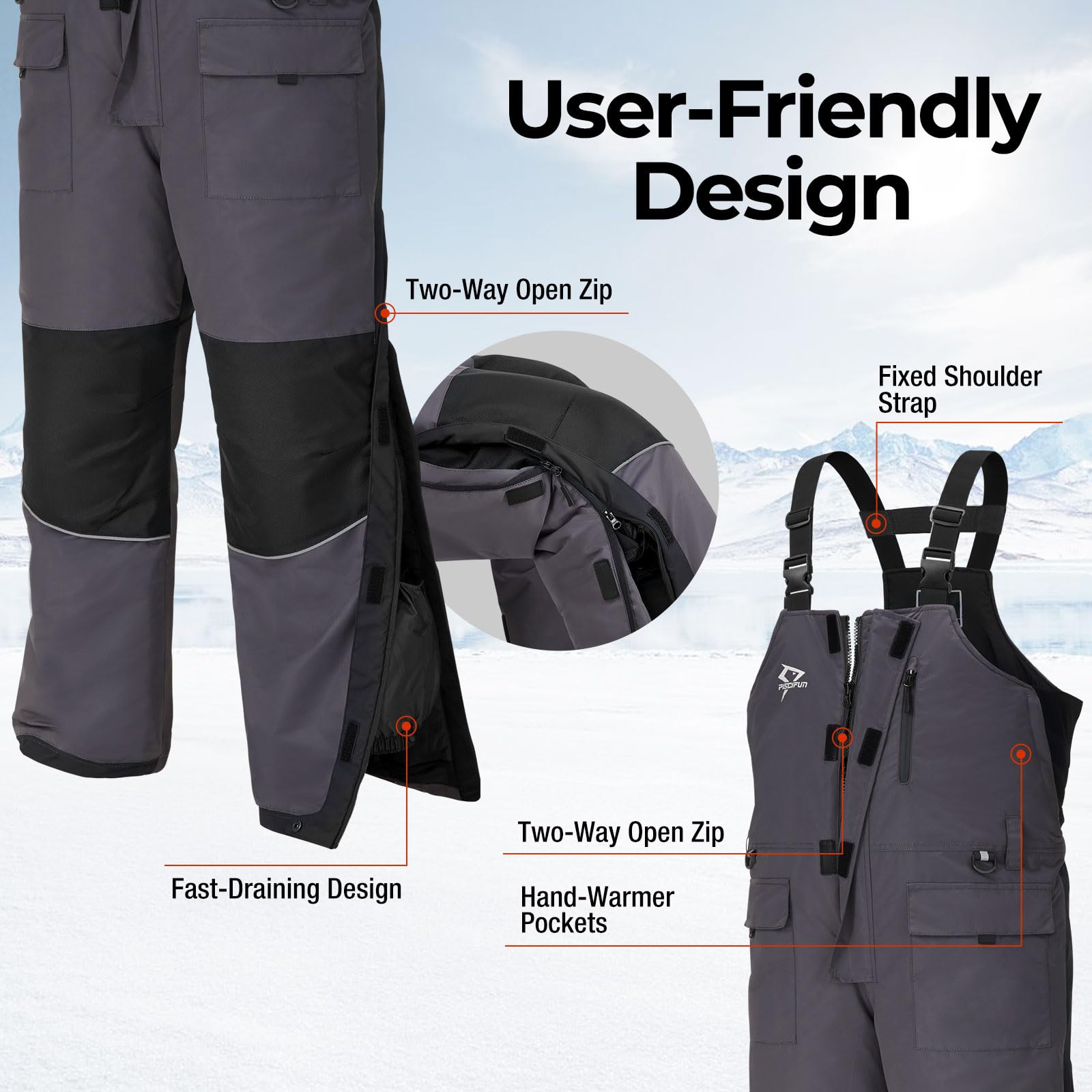 Piscifun ice fishing bibs reflective strips boost visibility in low light.
