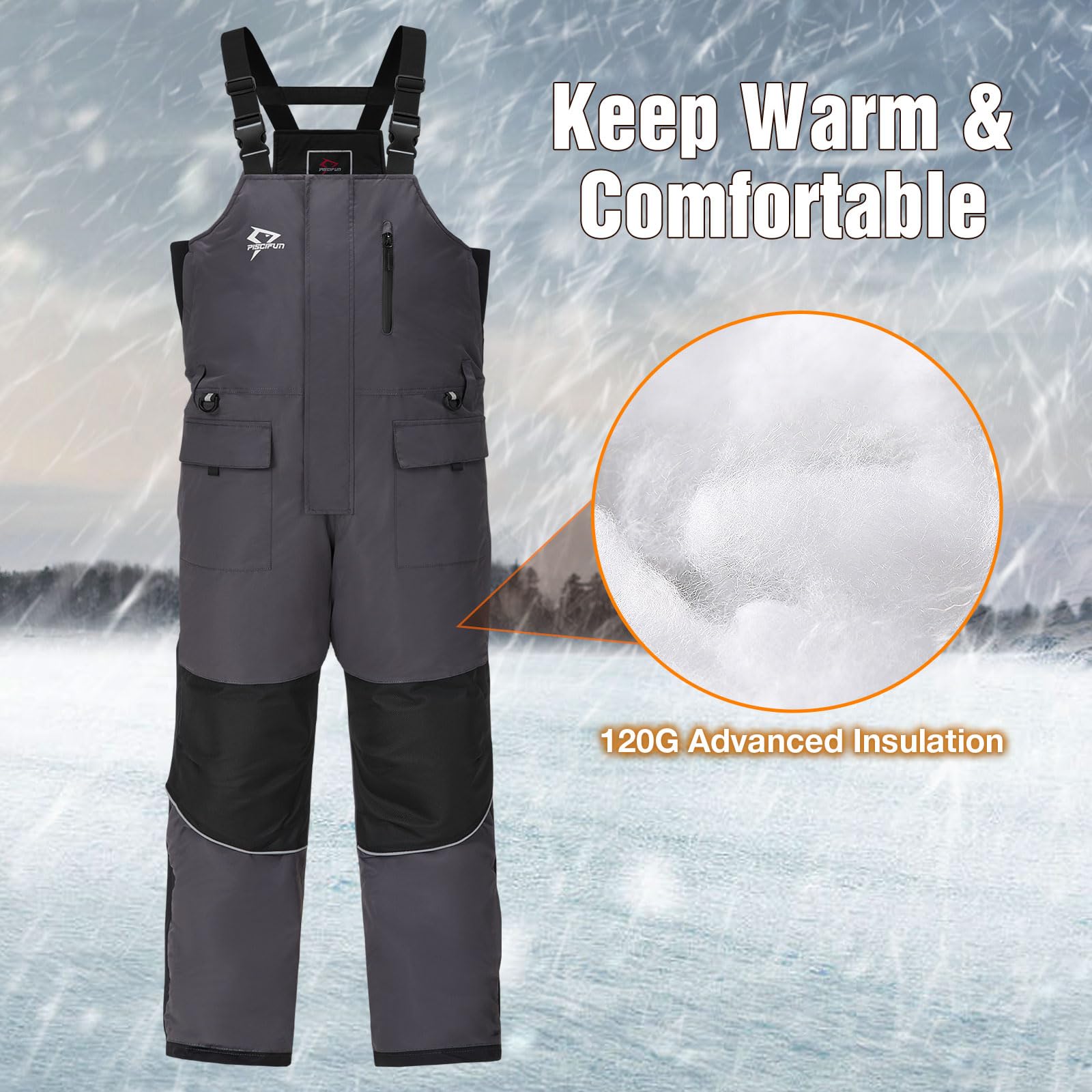 Piscifun ice fishing bibs windproof insulation keeps you warm on windy days.