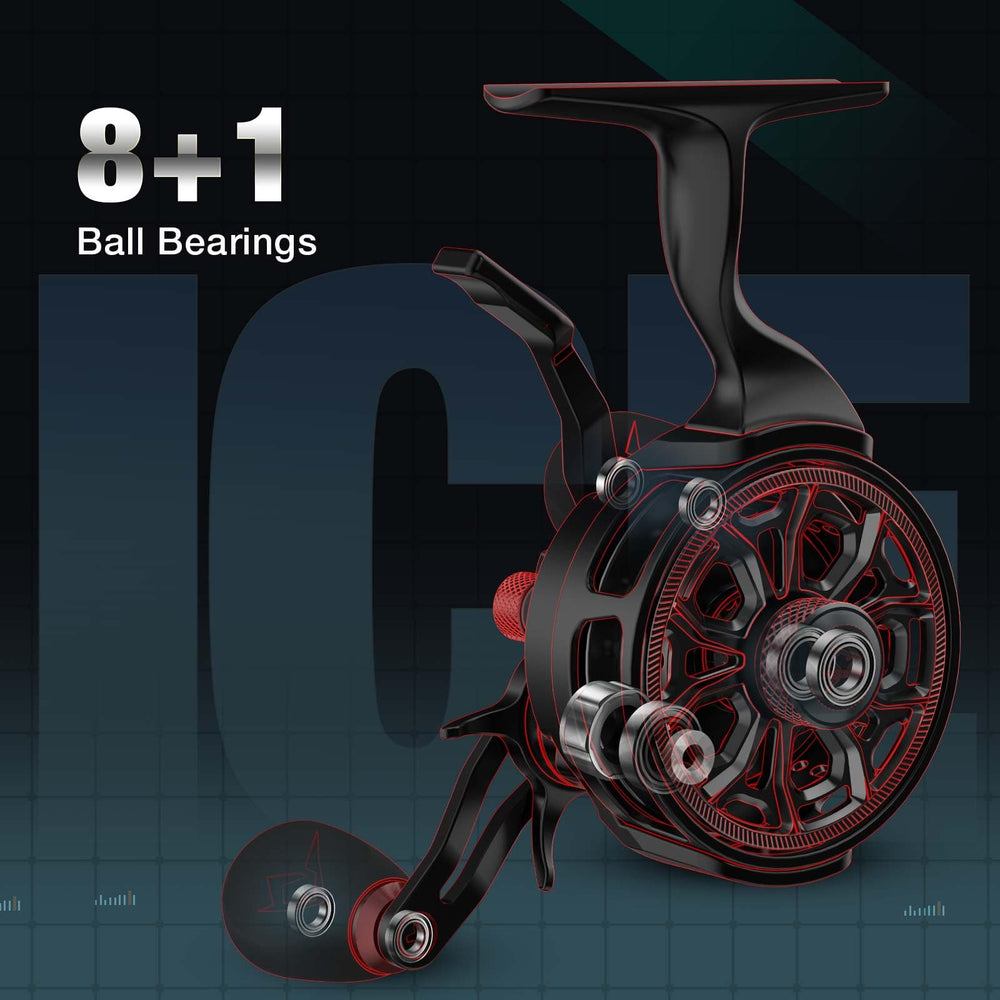 8+1 bearings and brass gears inside ICX Carbon ice fishing reel