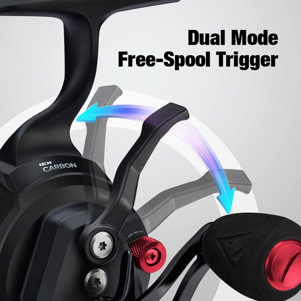 Piscifun ICX Carbon reel lever action demonstrates versatile free-spool and locking options.