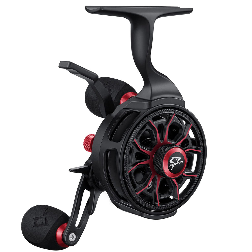 Piscifun ICX Carbon reel side view highlights lightweight build for easier ice fishing sessions.