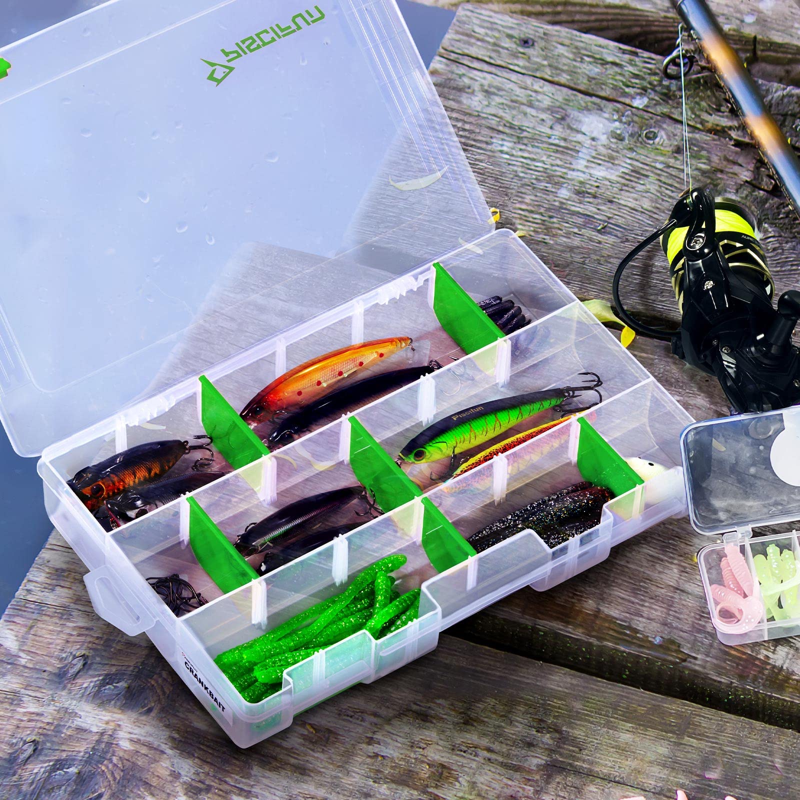 Piscifun tackle boxes used for lures, screws, beads and more