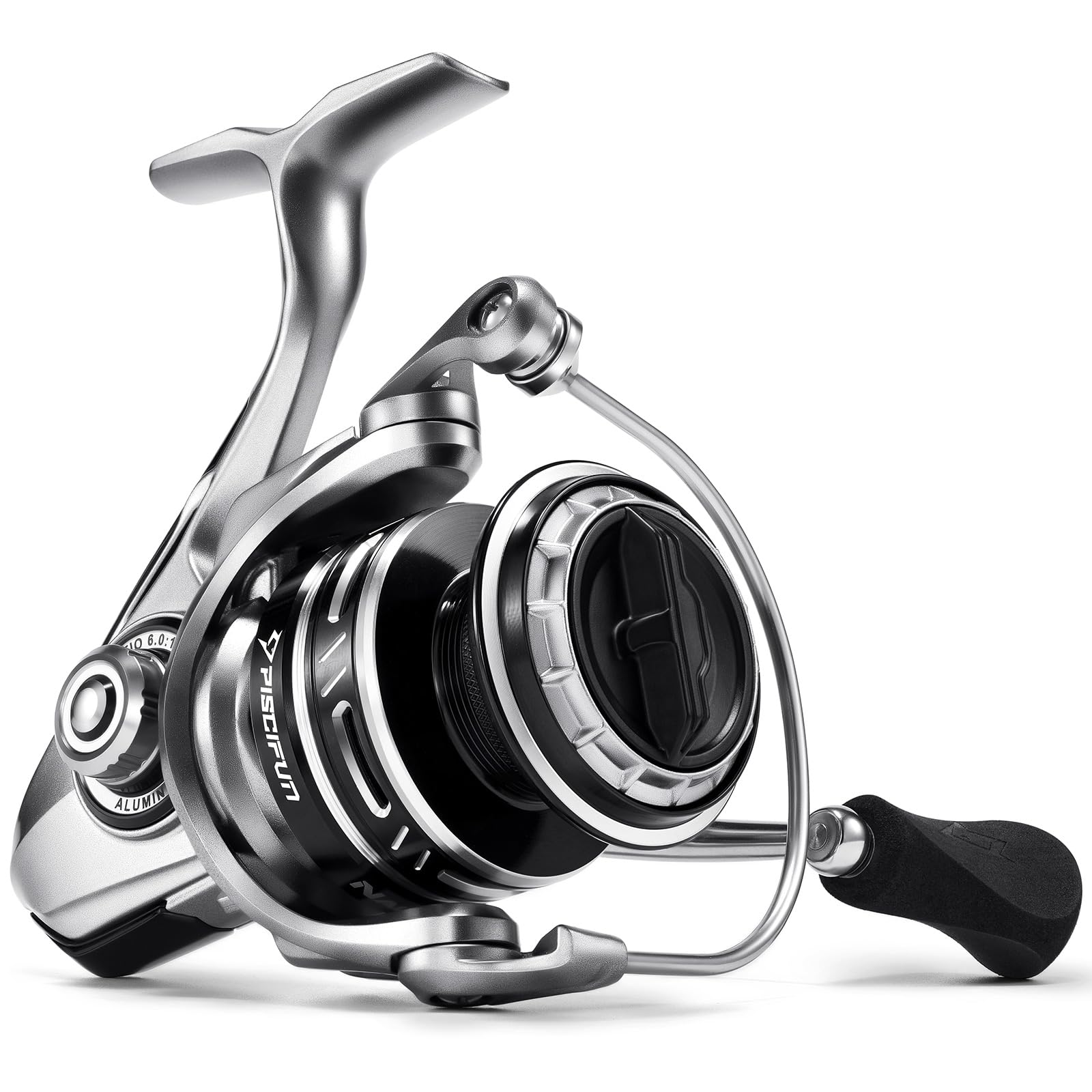 Piscifun NautiX reel front view highlighting sturdy aluminum body for saltwater durability.