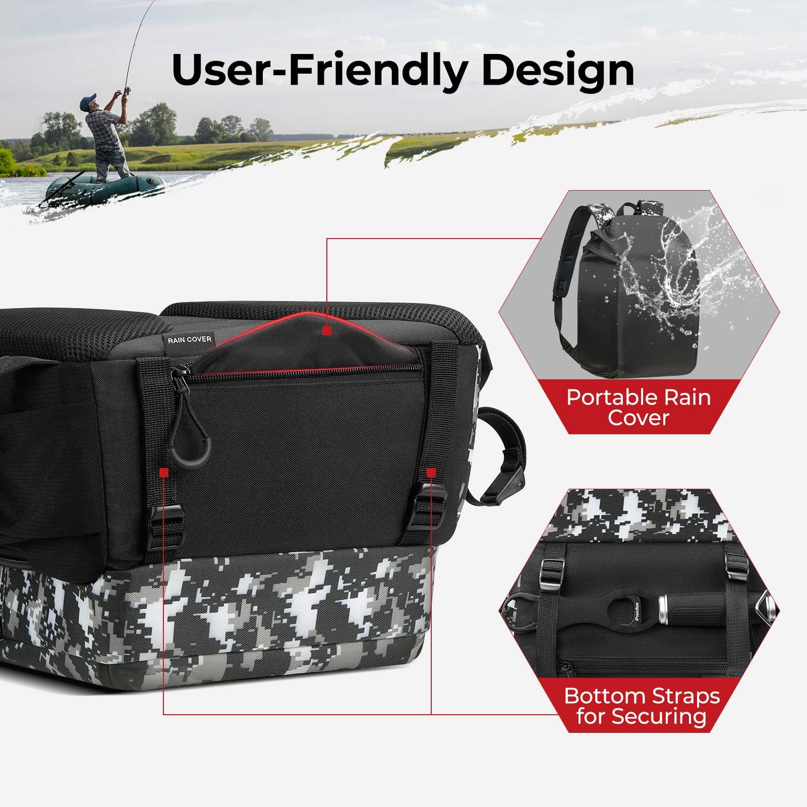 Piscifun rain cover enhances weather protection for the bag and contents.