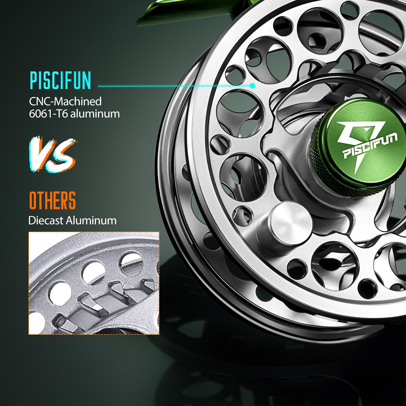 Piscifun Sword fly reel drag system close-up shows silky-smooth engagement for controlled retrieves