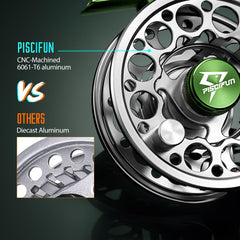 Piscifun Sword fly reel drag system close-up shows silky-smooth engagement for controlled retrieves
