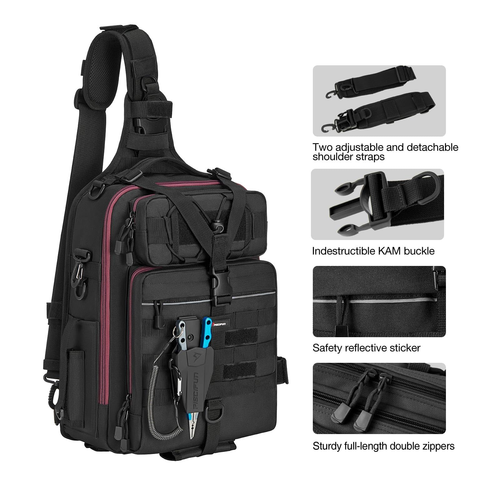 Piscifun tackle backpack with rod belts keeps rods secure during rugged shore expeditions.