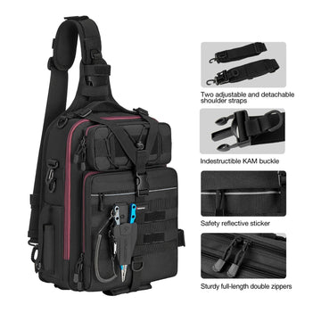 Piscifun tackle backpack with rod belts keeps rods secure during rugged shore expeditions.