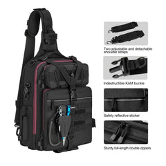 Piscifun tackle backpack with rod belts keeps rods secure during rugged shore expeditions.