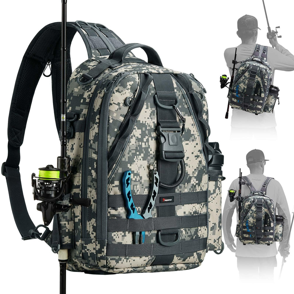 Piscifun Travel X fishing bag backpack with rod holder keeps your rod secure during transport.