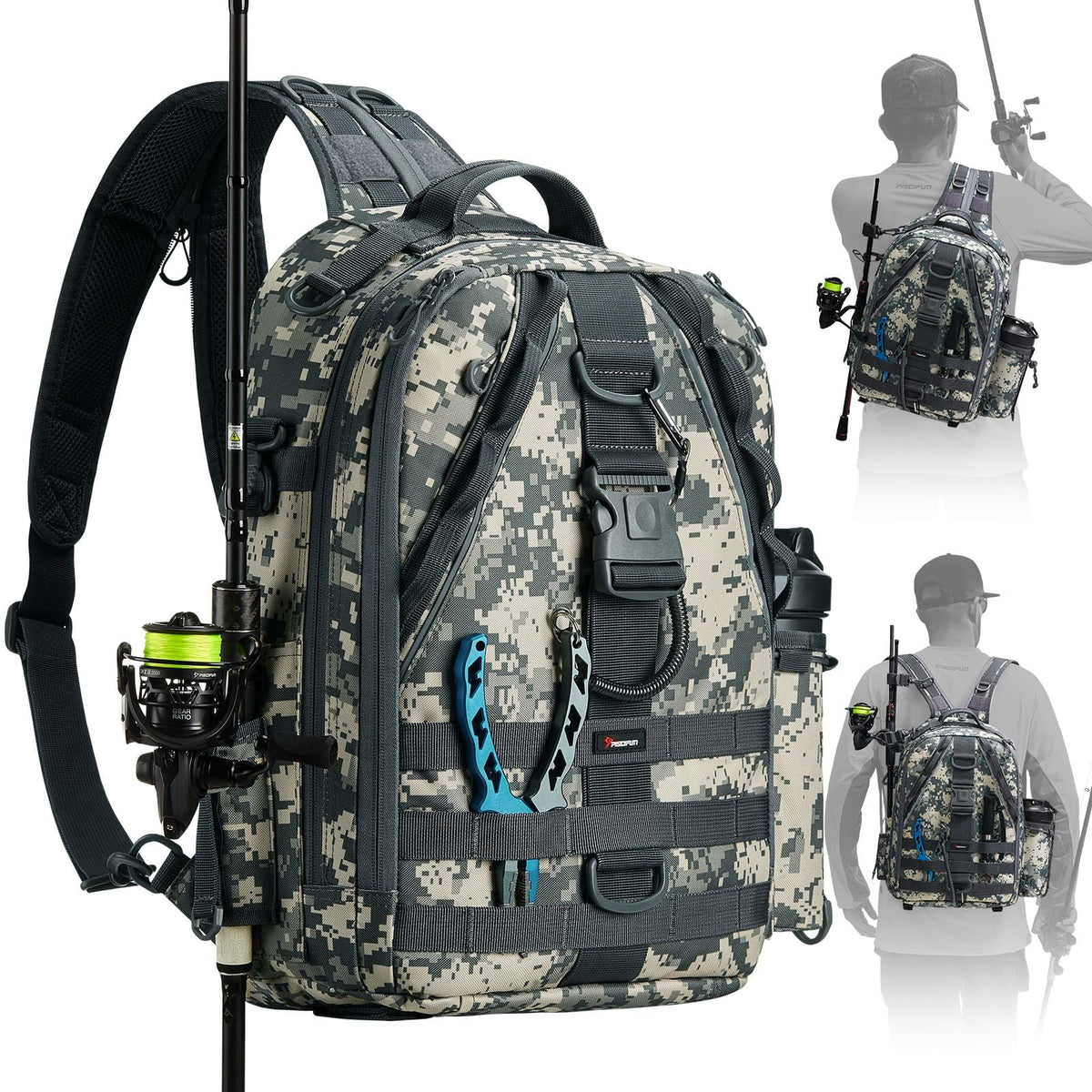 Piscifun Travel X fishing bag backpack with rod holder keeps your rod secure during transport.
