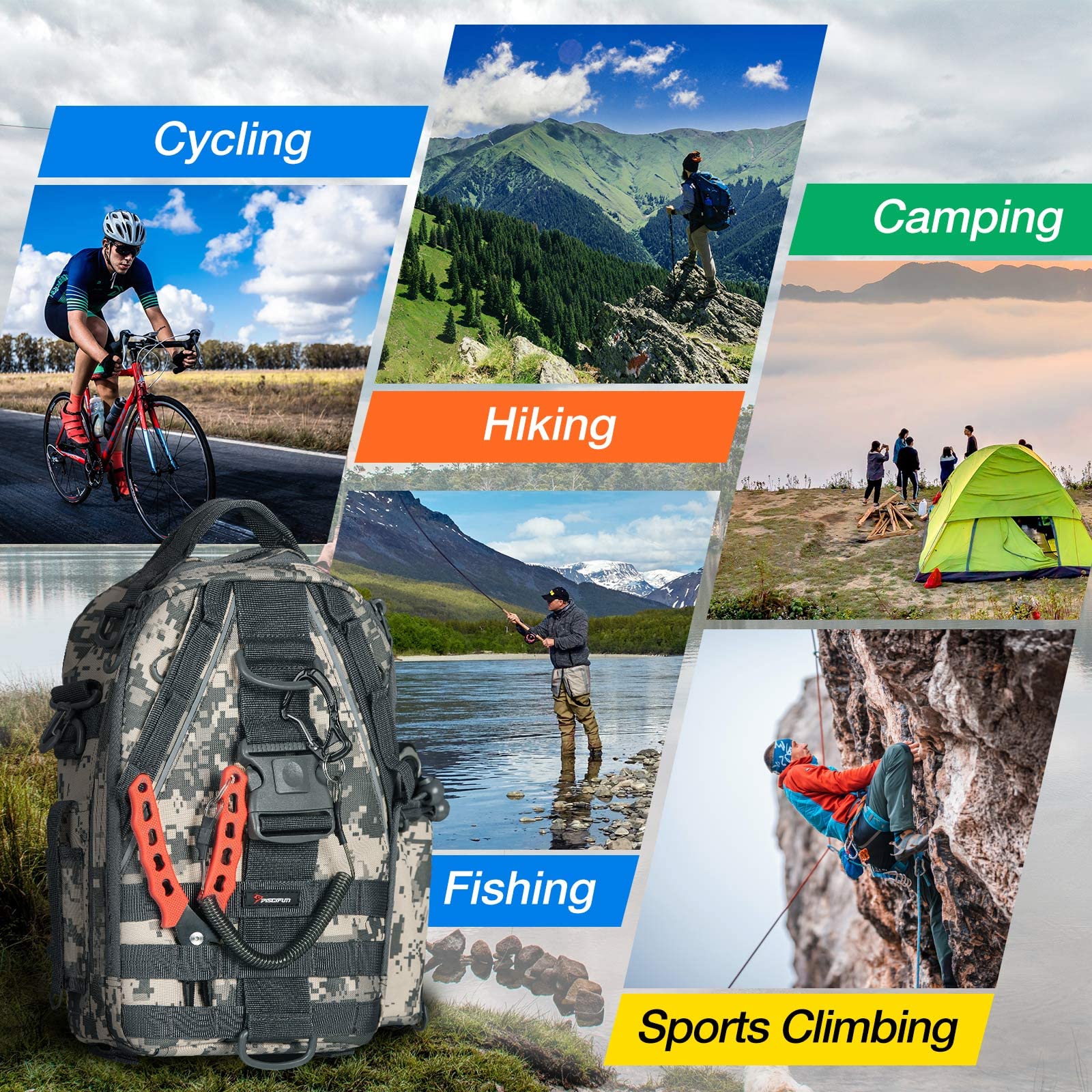 Piscifun Travel X MOLLE straps and D-rings secure tools and accessories.