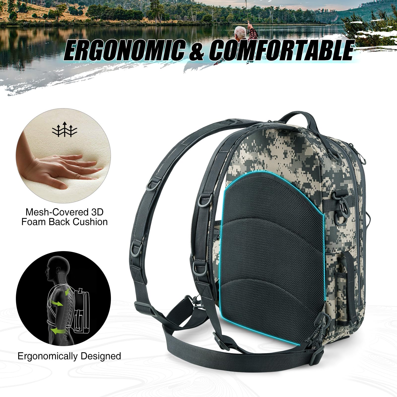 Piscifun Travel X adjustable shoulder and waist straps reduce fatigue on long hikes.