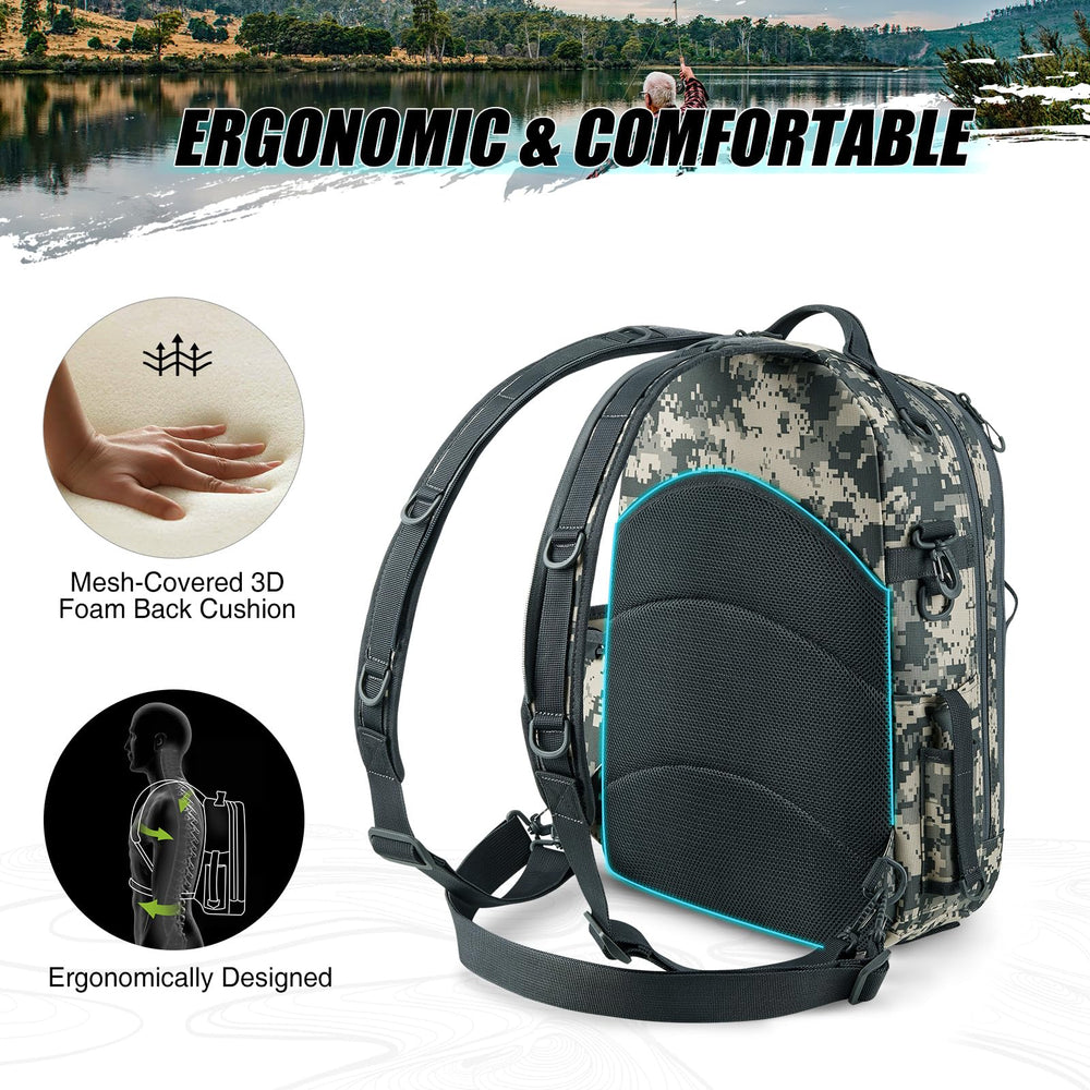Piscifun Travel X adjustable shoulder and waist straps reduce fatigue on long hikes.