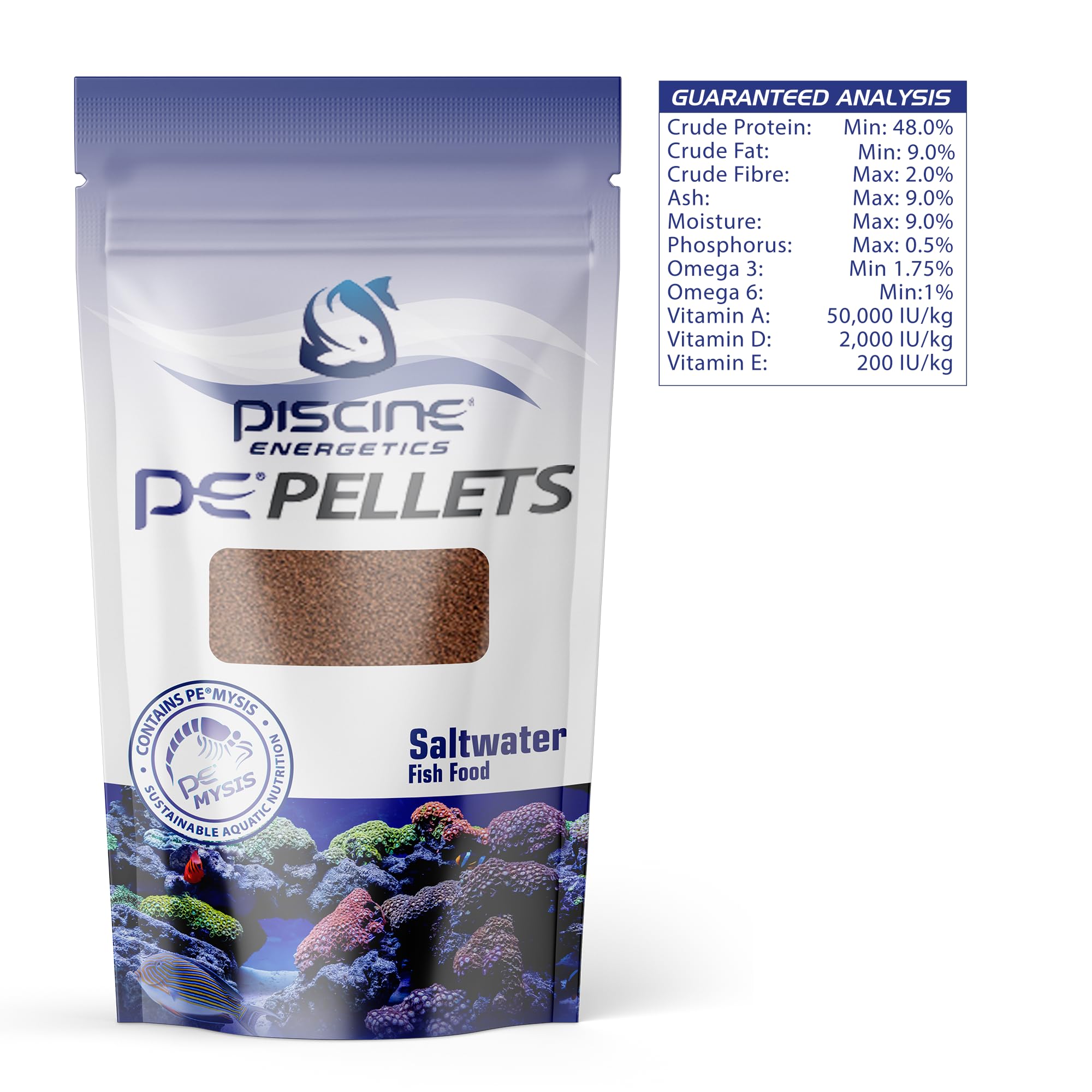 Piscine Energetics PE Pellets Saltwater 1mm packaging closeup; easy to serve for small saltwater fish.